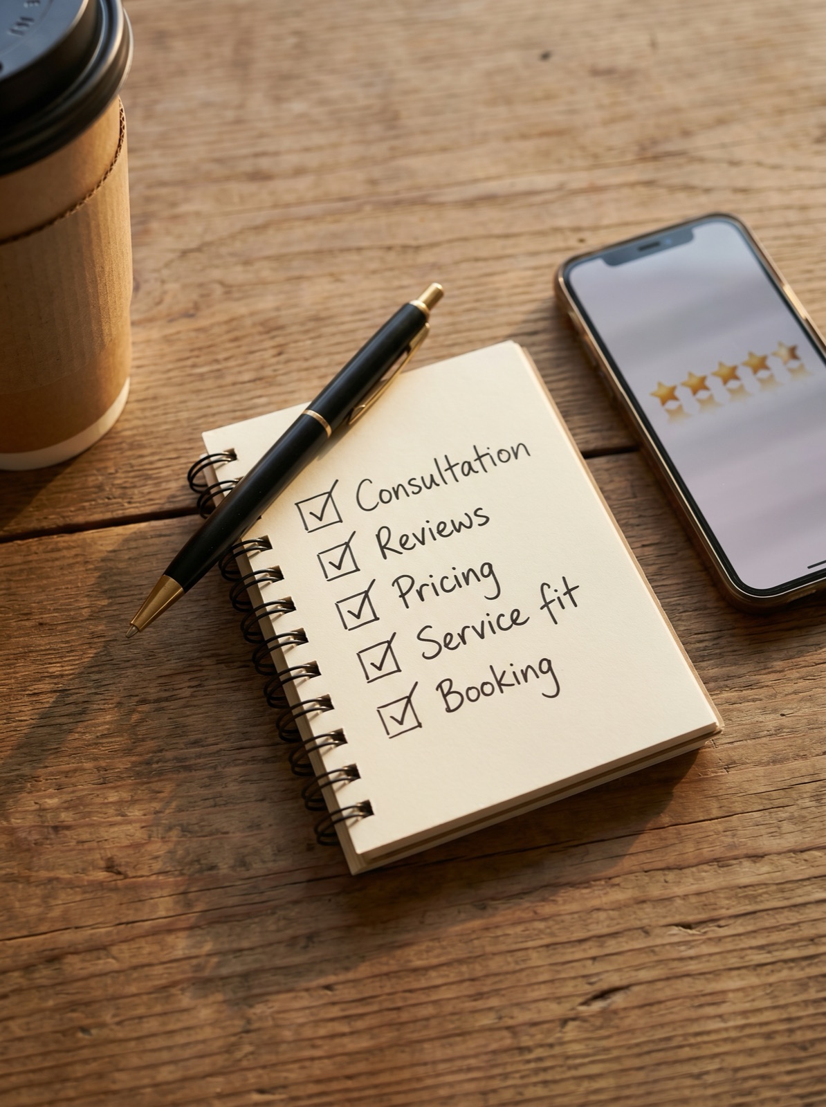 Hand-written hair salon vetting checklist with five items checked off: consultation, reviews, pricing, service fit and booking