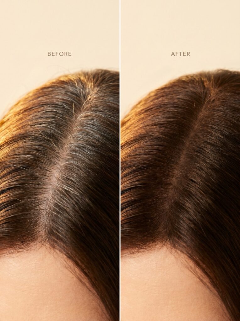 Before and after of gray regrowth covered at the part, root touch up, at Scott Farmer Hair Salon in Venice FL