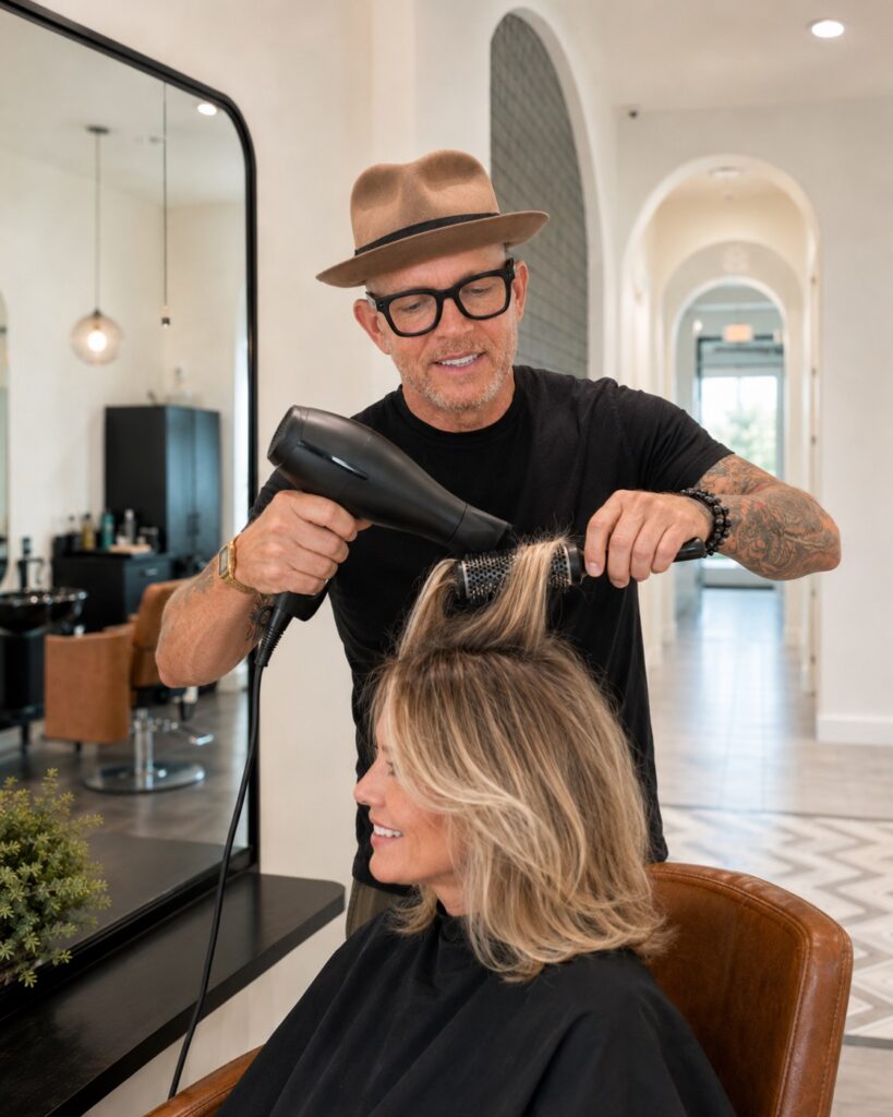 Scott Farmer blow drying hair with a round brush at his Venice FL salon, purple shampoo blonde hair guide