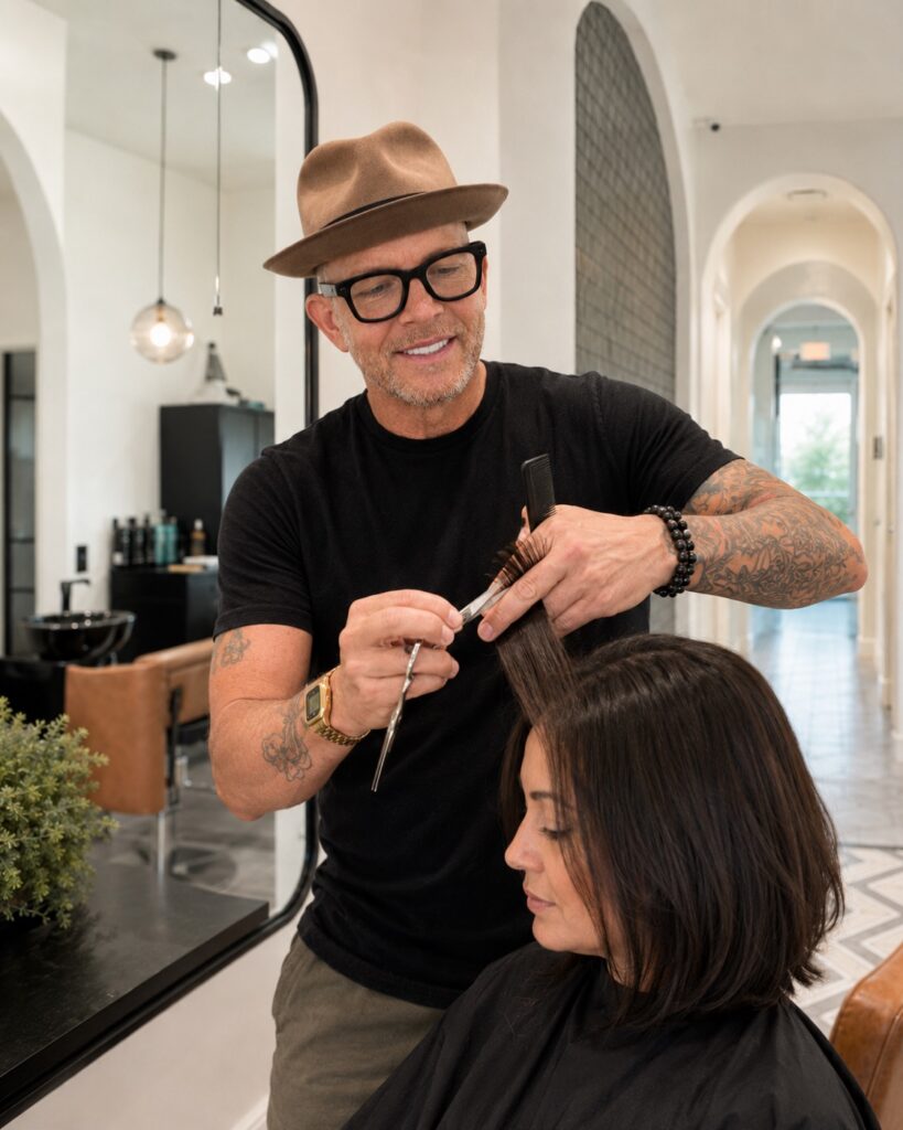 Scott Farmer cutting hair with shears and comb at his Venice FL salon, haircut trends 2026
