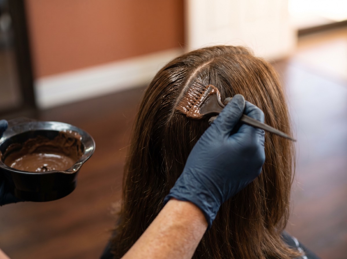 Macro detail of single process Schwarzkopf hair color being applied to brunette regrowth at Scott Farmer Hair Salon Venice FL