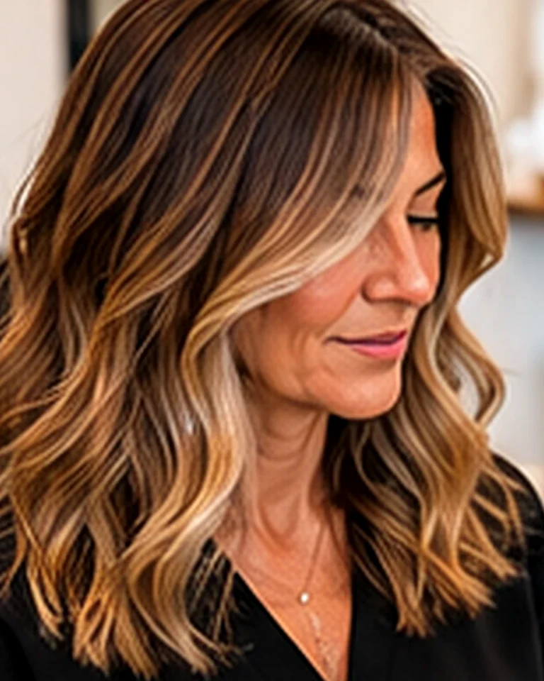 Front view of finished balayage on a salon client, single process vs highlights, at Scott Farmer Hair Salon in Venice FL