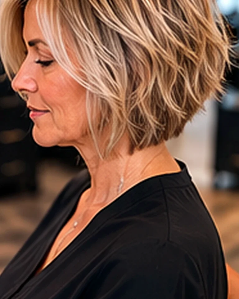 Side view of a finished short blonde style, what is a precision haircut, at Scott Farmer Hair Salon in Venice FL