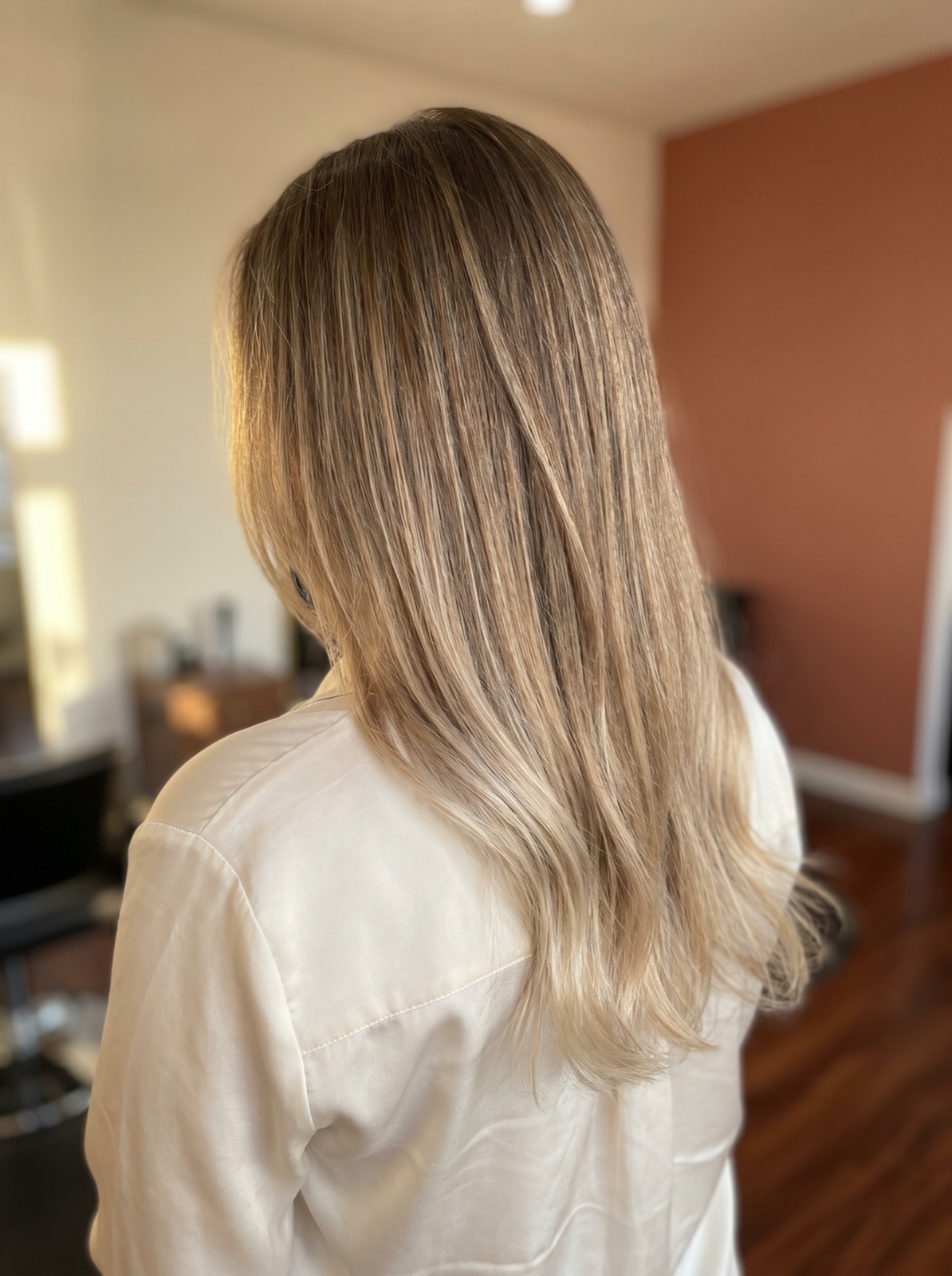 Finished balayage result with soft dimensional gradient from darker roots to brighter ends on long light-brunette hair, back view, Scott Farmer Hair Salon Venice FL