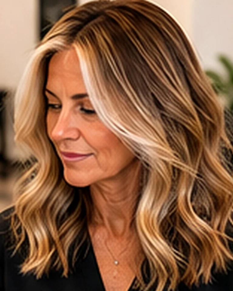 Front view of finished highlights on a salon client, why do hairdressers dye hair before cutting, at Scott Farmer Hair Salon in Venice FL