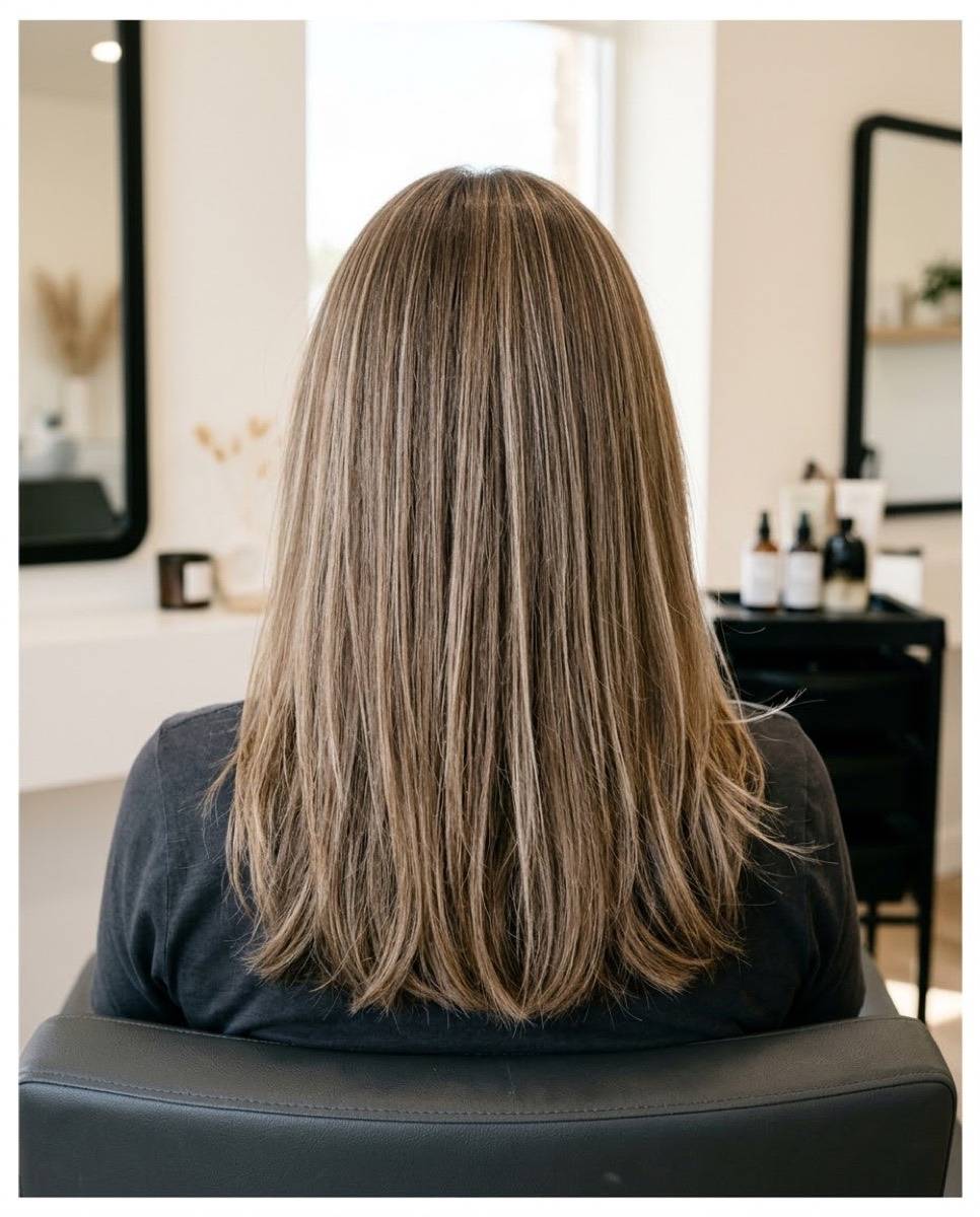 Babylights: extremely fine blonde micro-highlights woven through light brown hair, back view