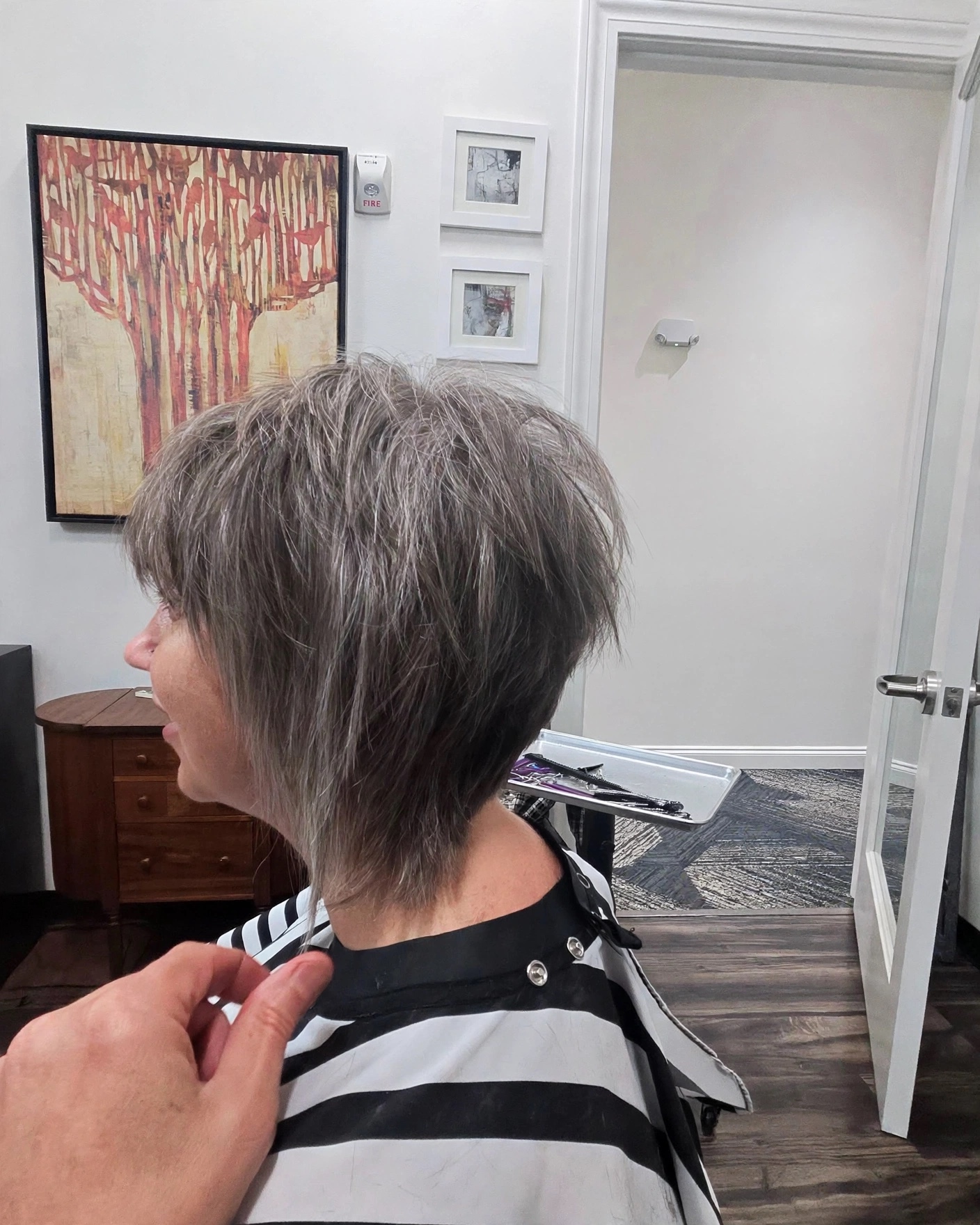 Natural salt-and-pepper gray dimension on a fresh precision cut, back view, at Scott Farmer Hair Salon in Venice FL
