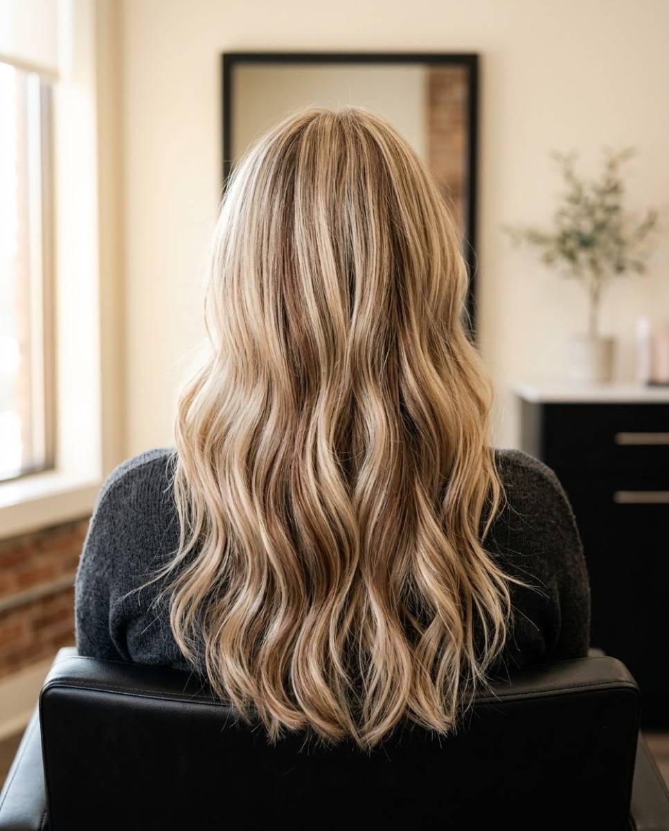 Lowlights: caramel and chestnut ribbons woven through a blonde base for depth, back view