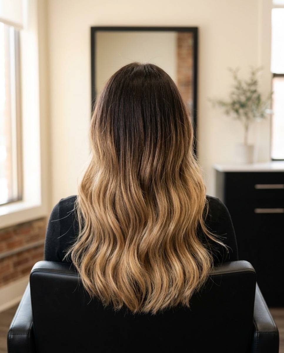 Ombre: bold transition from dark brown roots to golden blonde ends, back view