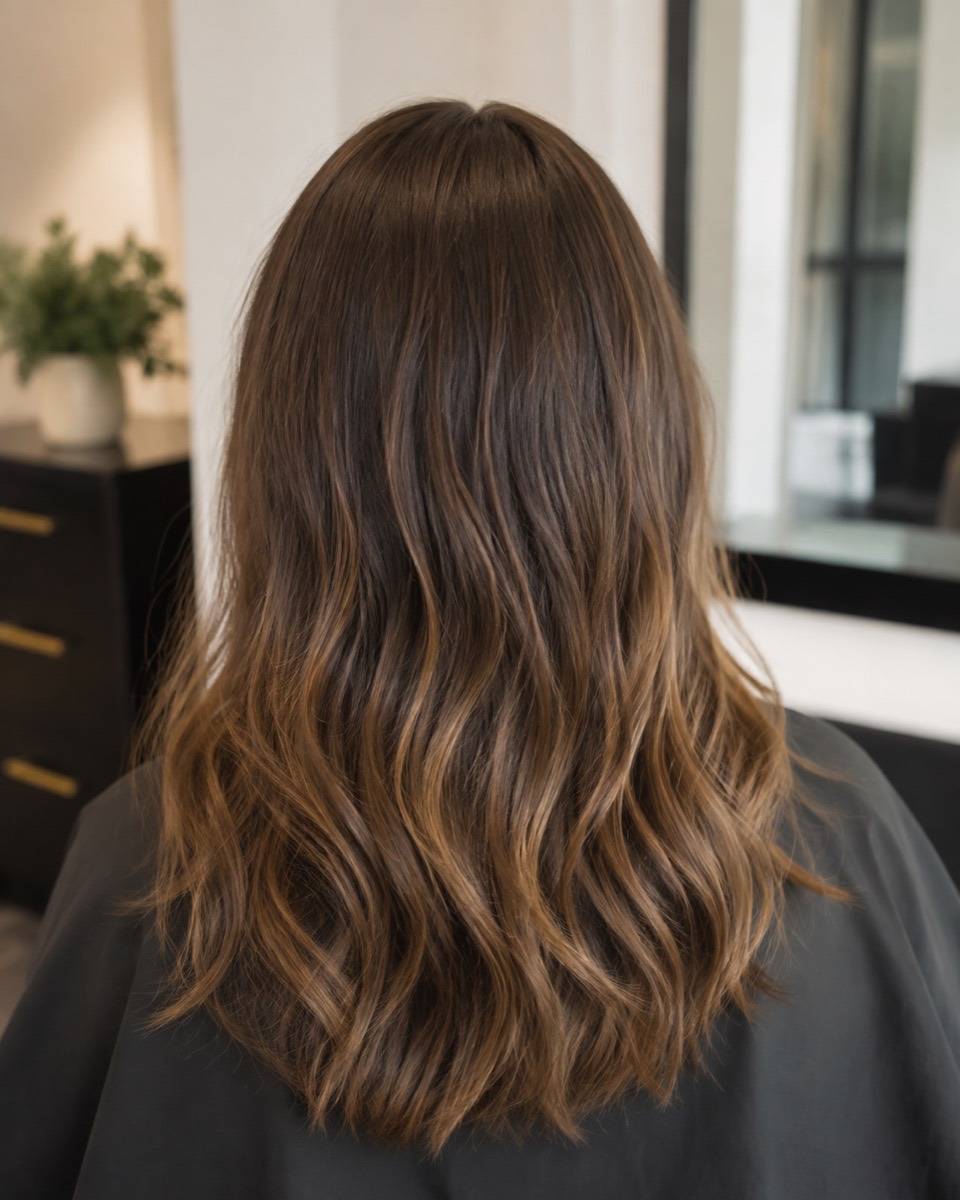 Sombre: subtle gradient from medium brown roots to slightly lighter honey ends, back view
