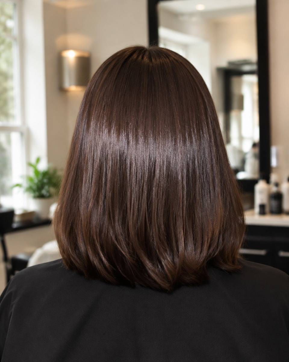 Fresh gloss on brunette hair with a glassy mirror-like shine band, back view